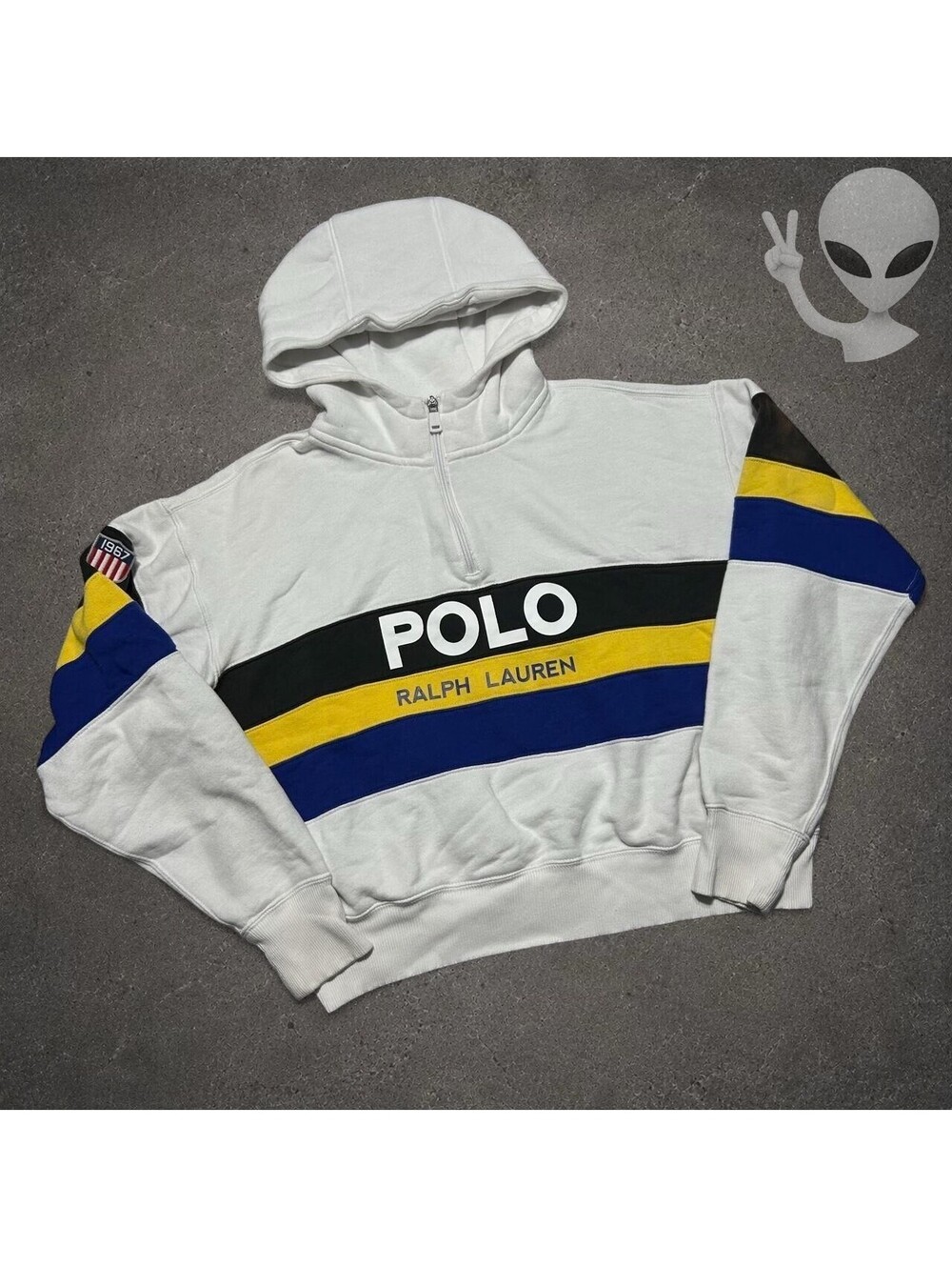 Polo Ralph Lauren Quarter-Zip Hoodie Womens L Multicolor Spell Out Patch Stripe